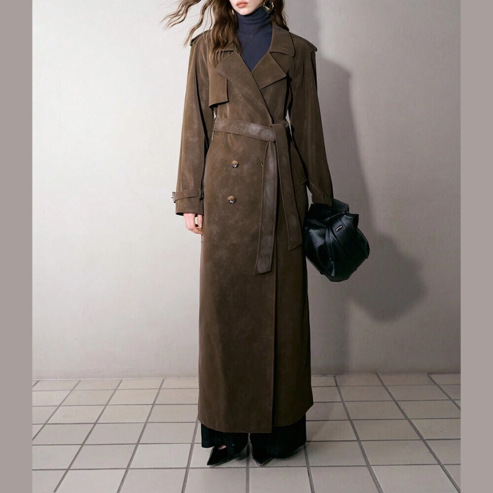 Brown Faux Leather Long Trench Coat with Belt